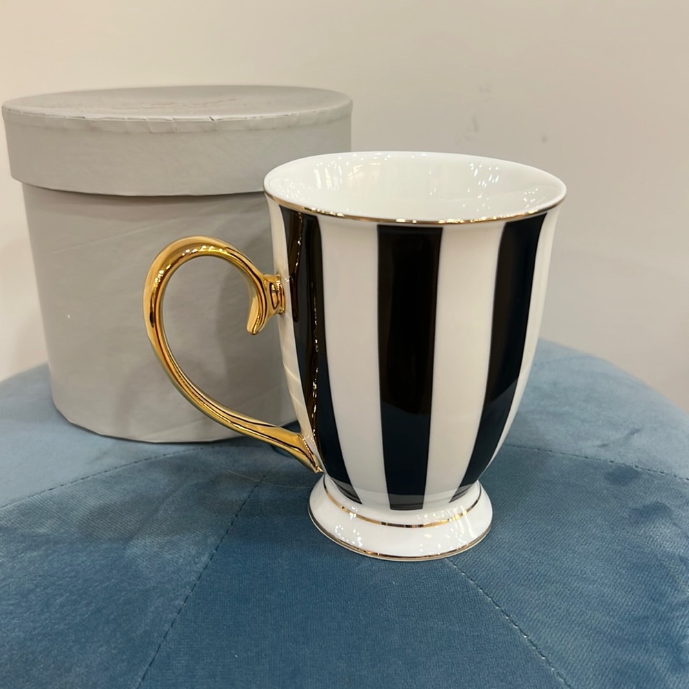 Bombay Duck London Black & White Striped Mug w/ Gold Handle